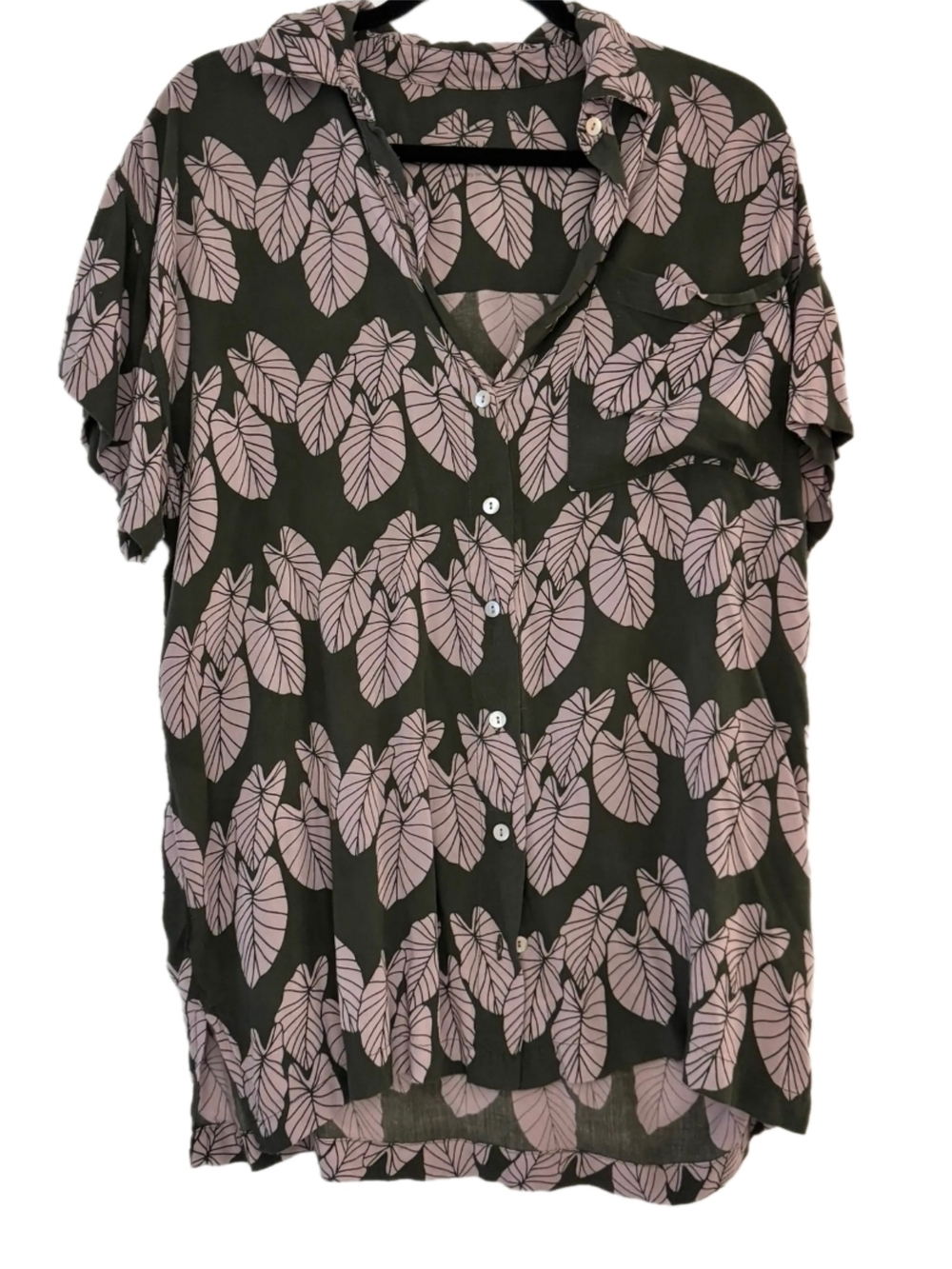 Benoa Swim Short Sleeve Button Front Top/Dress in Olive W/ Lilac Leaf Print Sz M